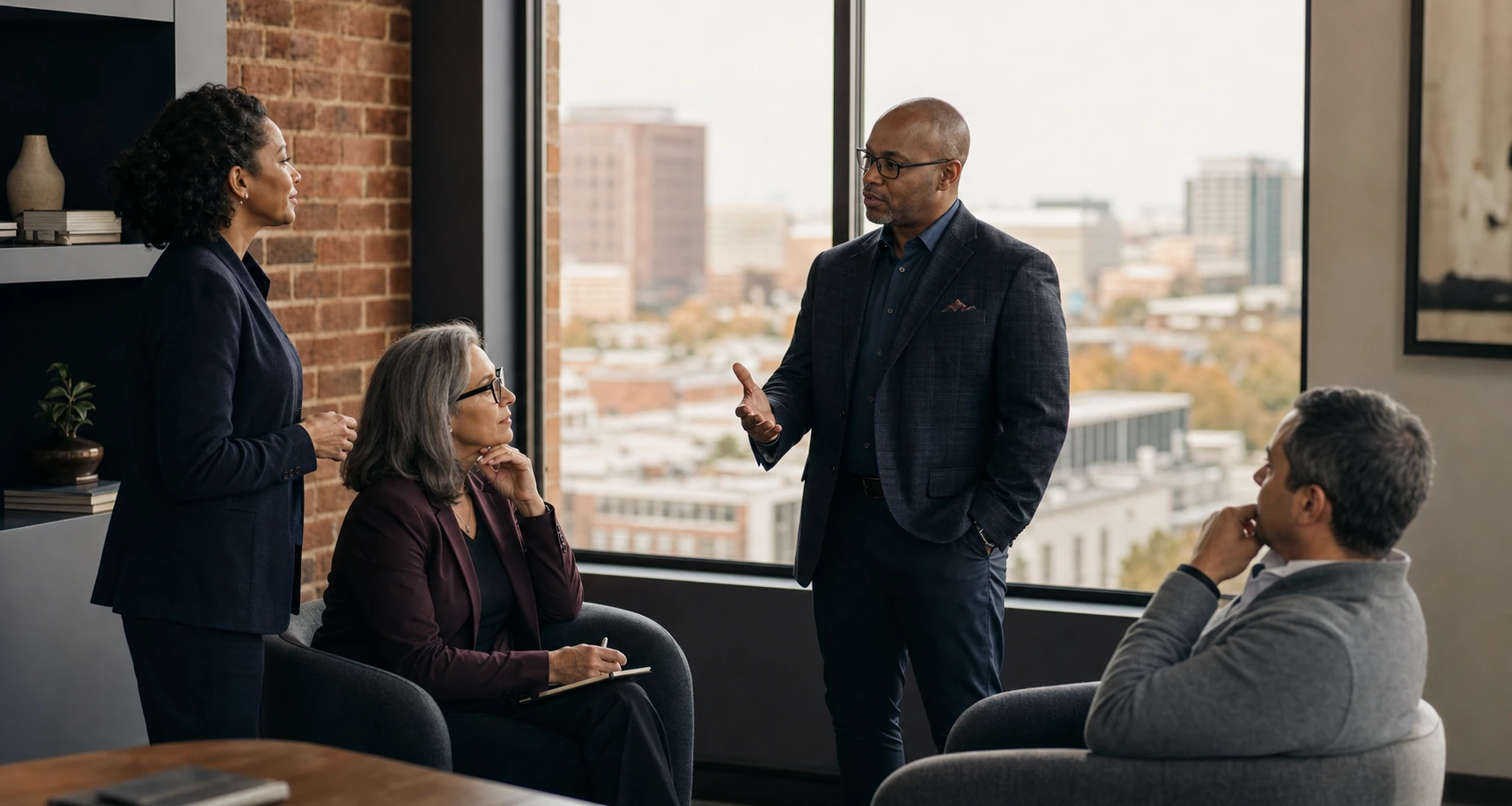 Diverse business and technology leaders discussing future direction