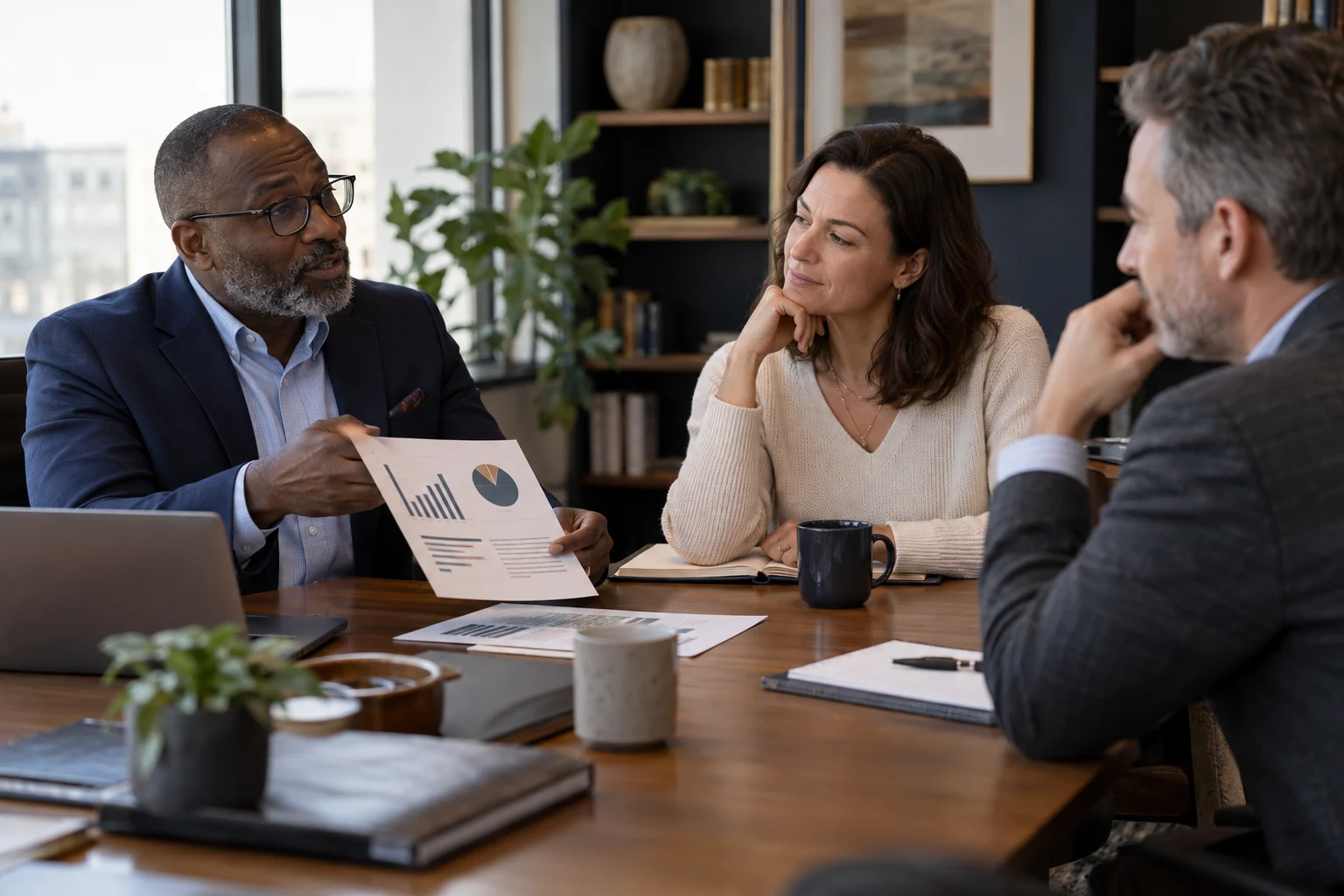 Illustrative technology adviser discussing options with business leaders