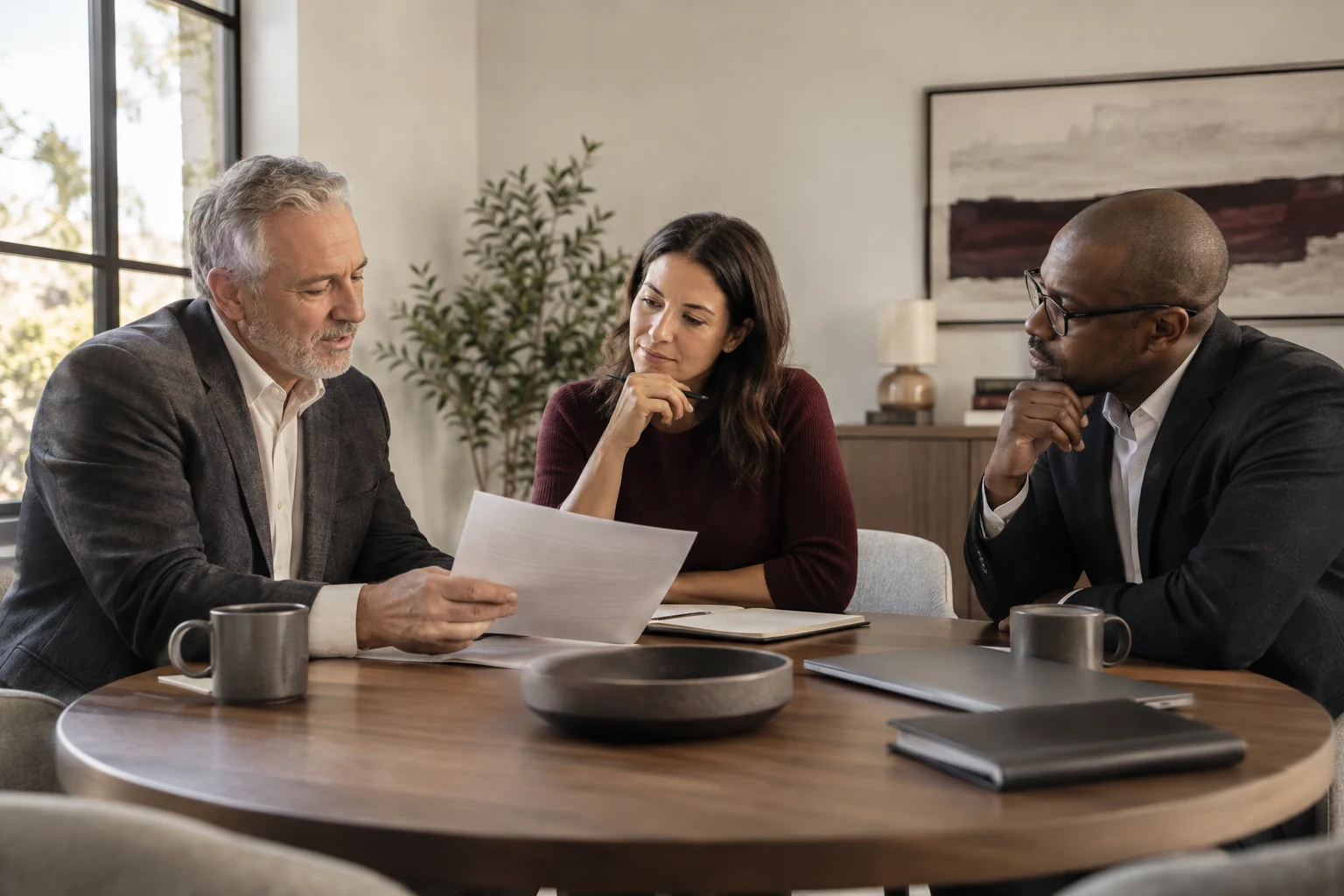 Illustrative conversation among three business leaders reviewing a planning brief