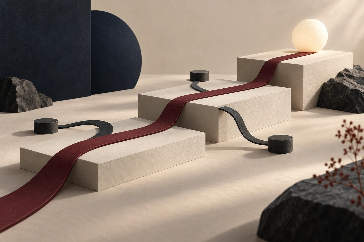 Conceptual burgundy route connecting phased milestones