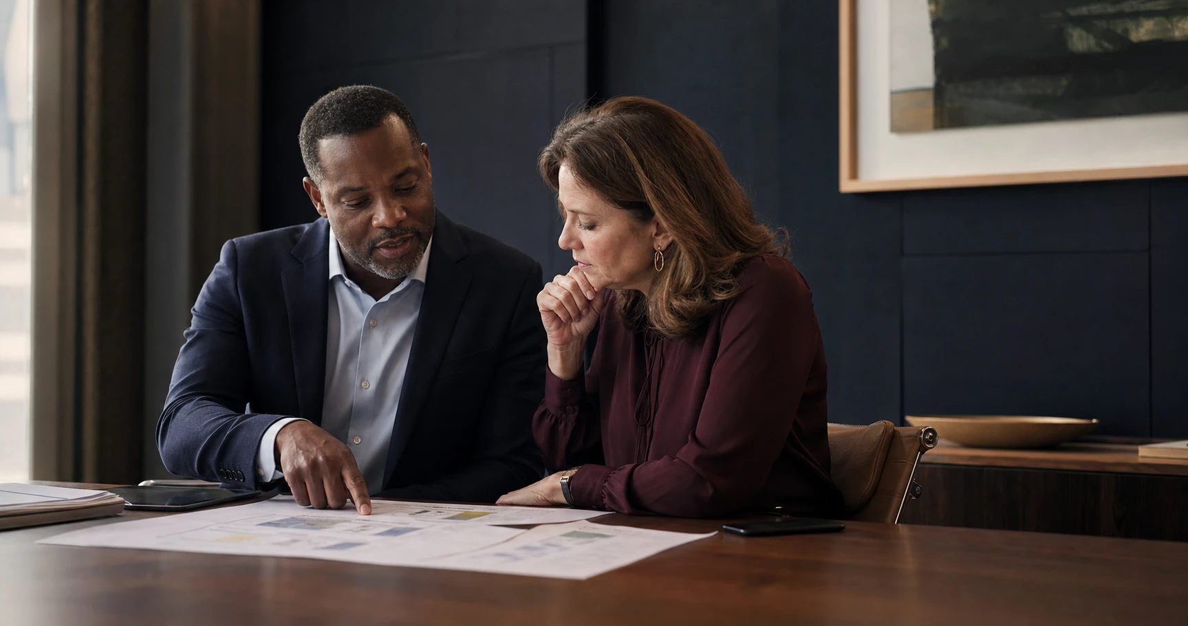 Technology advisor and executive reviewing a transformation roadmap together