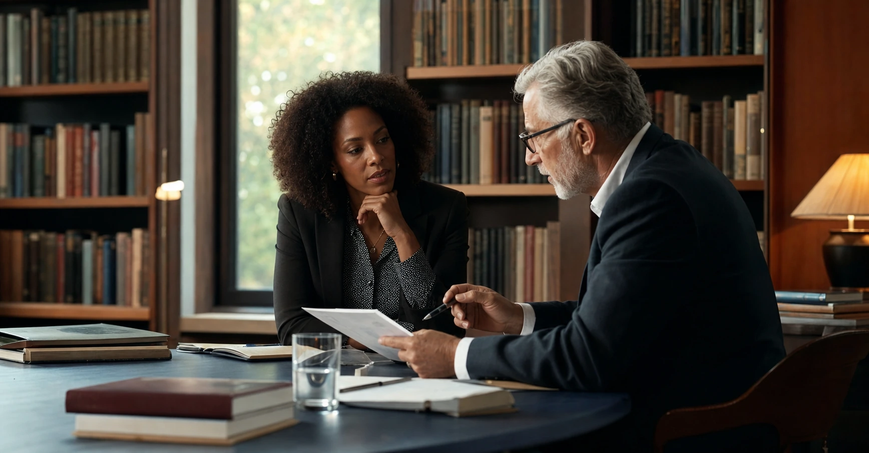 Executive and advisor examining a strategy brief in a library