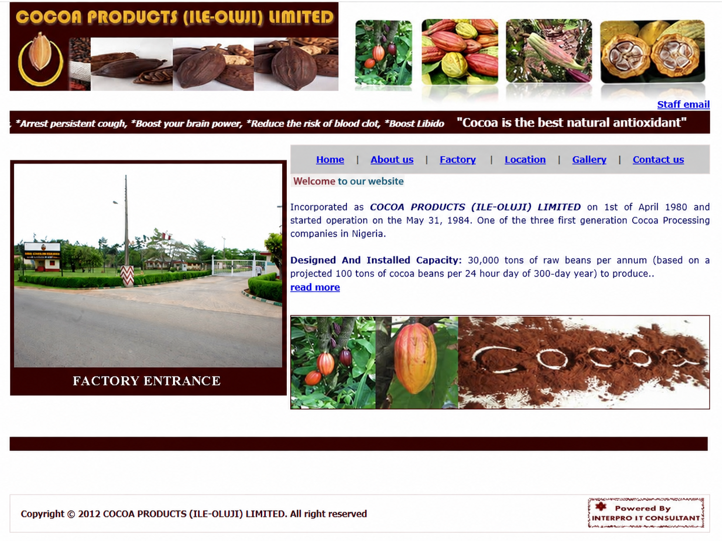Cocoa Products Ile-Oluji company website showing factory information and product imagery