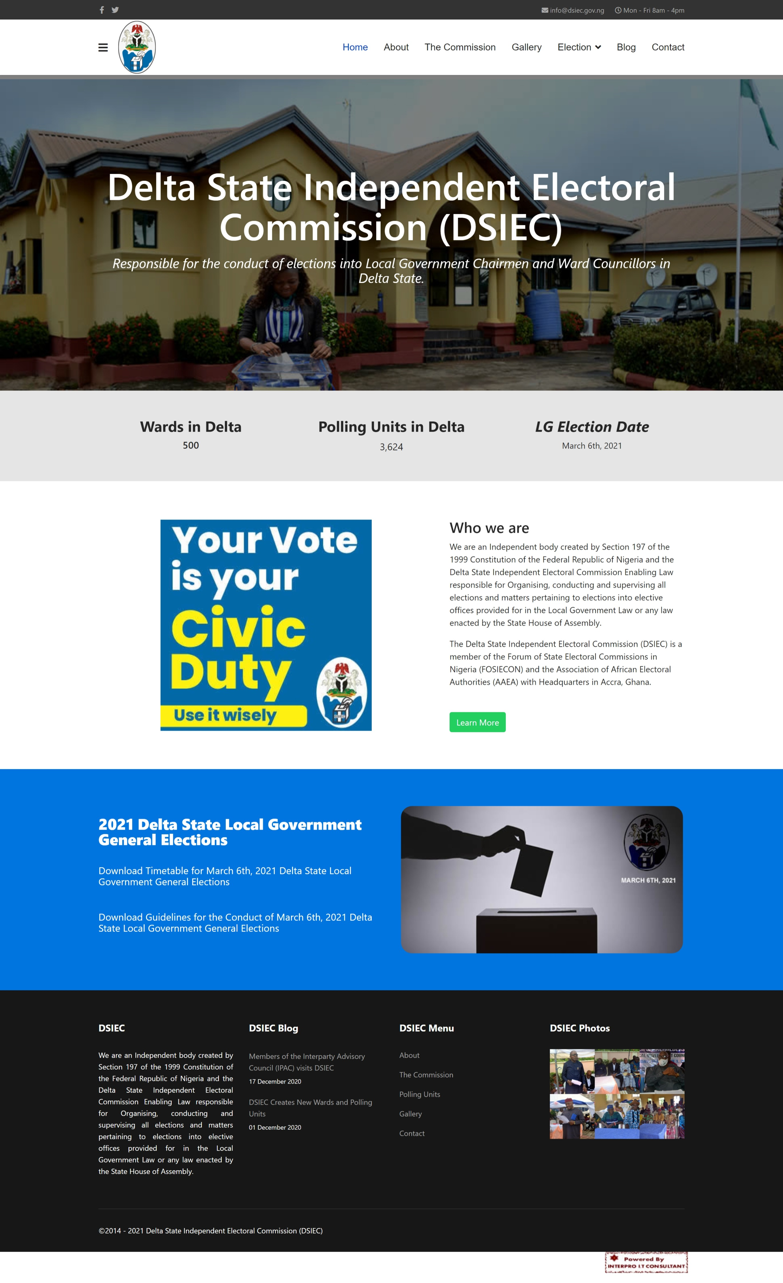 DSIEC website showing election information, voter education and downloadable election resources