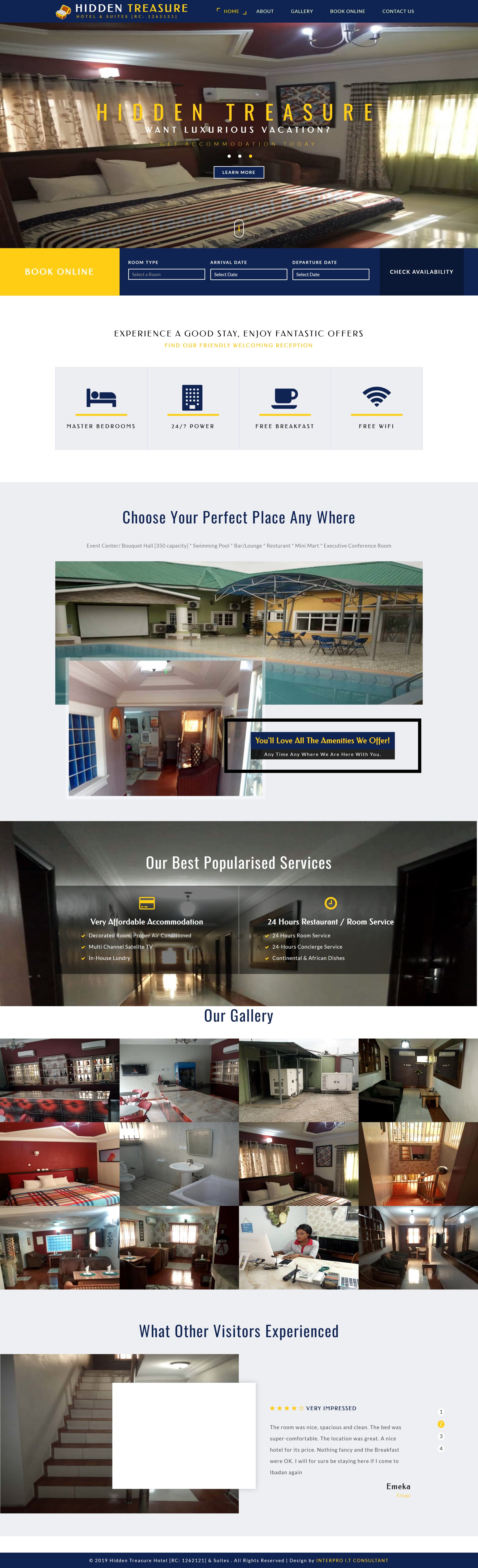 Hidden Treasure Hotel website showing room selection, arrival and departure dates, amenities and gallery