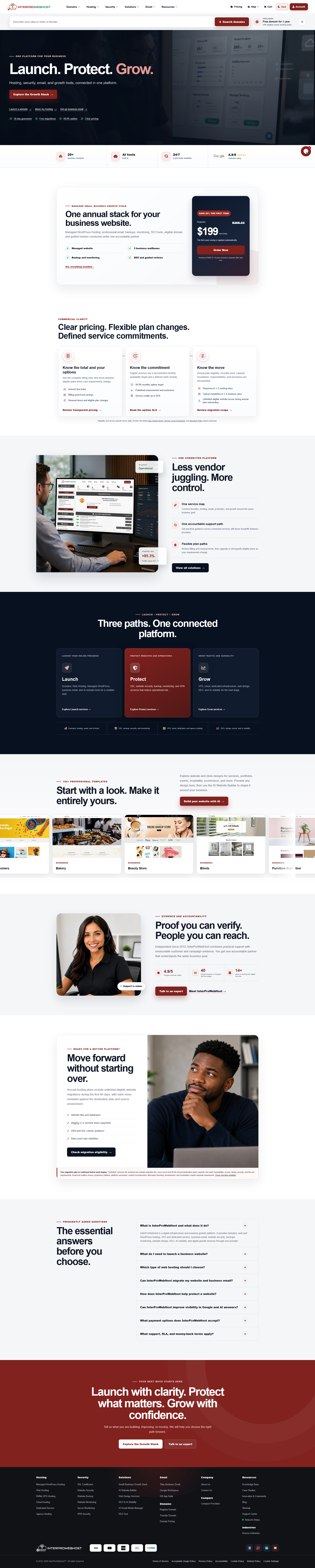 InterProWebHost website showing its Launch, Protect, Grow offering