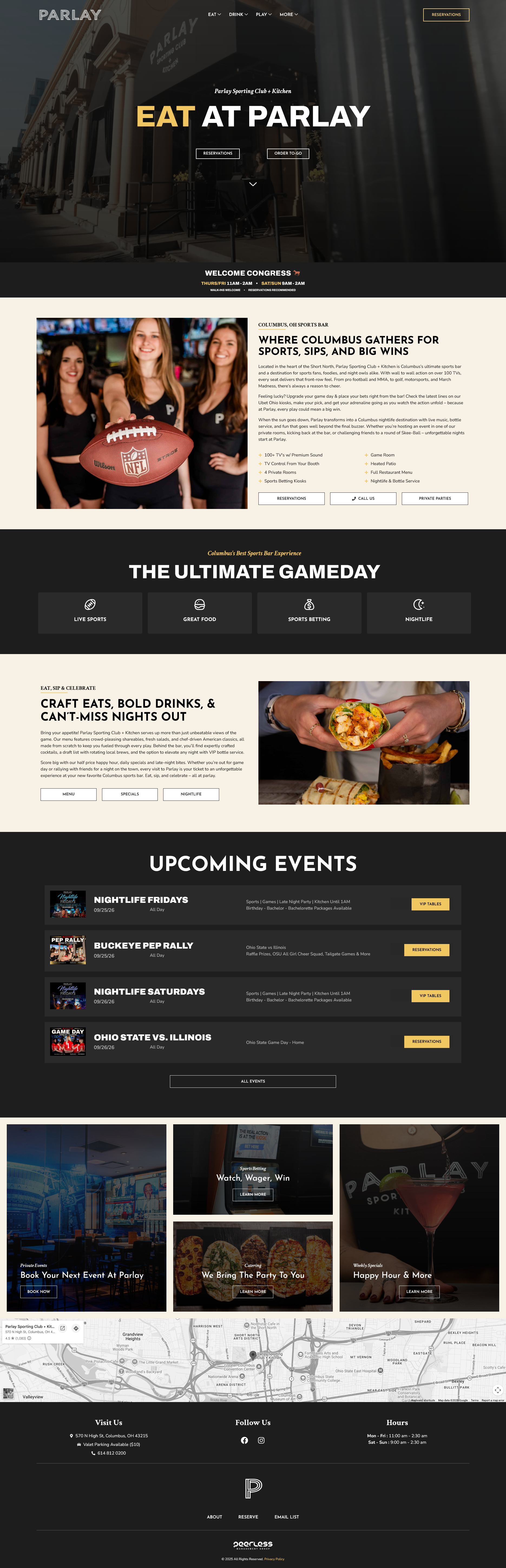 Parlay Sporting Club + Kitchen website showing dining, sports, reservations and private-event options