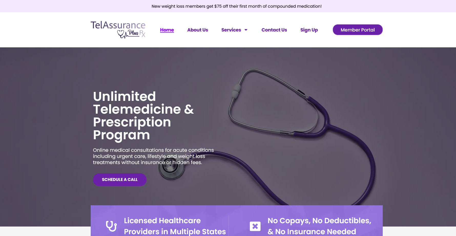 TelAssurance public website showing service information, a schedule-a-call button and links to sign-up and member access